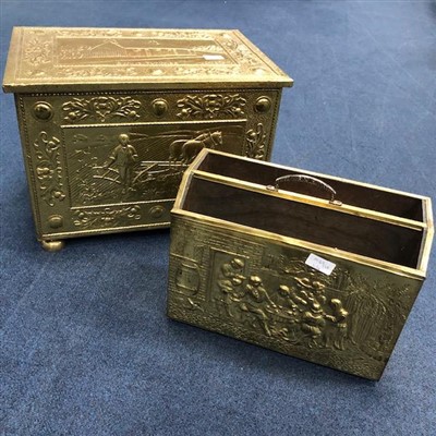 Lot 163 - AN EMBOSSED BRASS LOG BOX AND A PAPER RACK