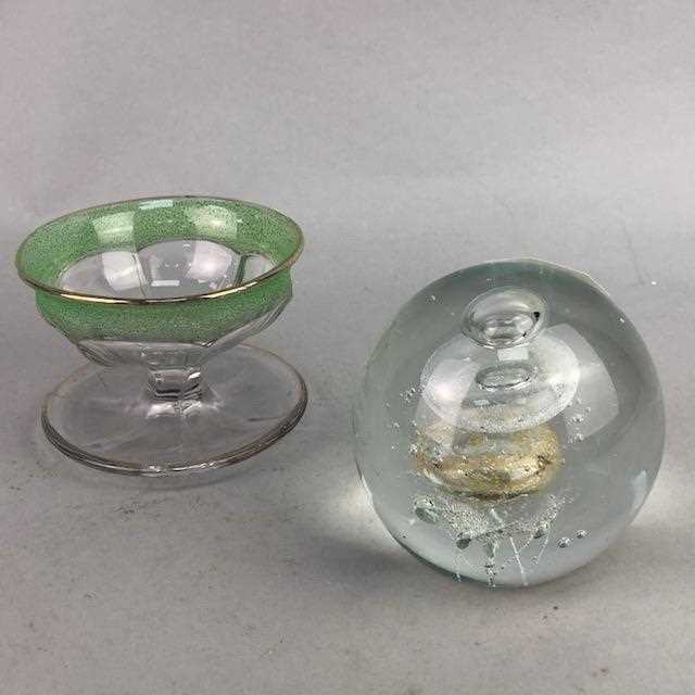 Lot 211 - A LOT OF SIX GLASS SUNDAE DISHES, PAPERWEIGHT AND TWO GLASS SWANS