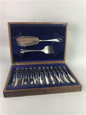 Lot 93 - A SET OF SILVER PLATED FISH CUTLERY AND VARIOUS BRASS WARE