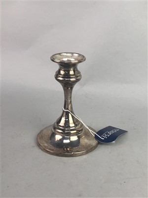 Lot 203 - AN EARLY 20TH CENTURY SILVER DWARF CANDLESTICK AND SILVER PLATED WARE