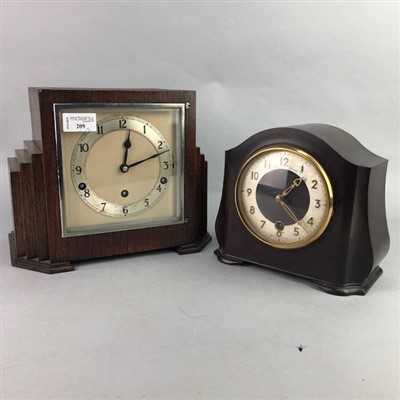 Lot 209 - AN ART DECO OAK CASED MANTEL CLOCK AND ANOTHER