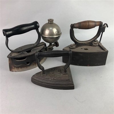 Lot 218 - A PAIR OF BRASS CANDLESTICKS, A BELL AND IRONS