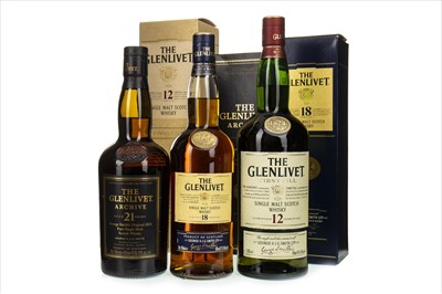 Lot 1012 - GLENLIVET ARCHIVE AGED 21 YEARS. 18 YEARS OLD AND 12 YEARS OLD