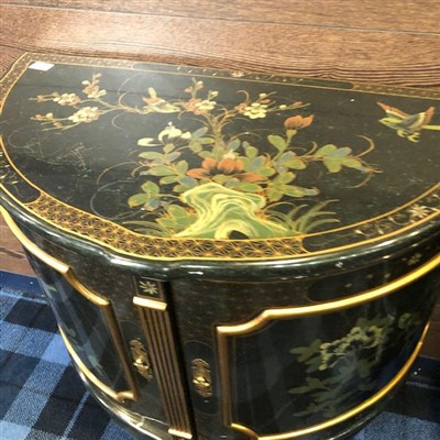 Lot 229 - A CHINESE BLACK LACQUERED DEMI-LUNE CONSOLE TABLE