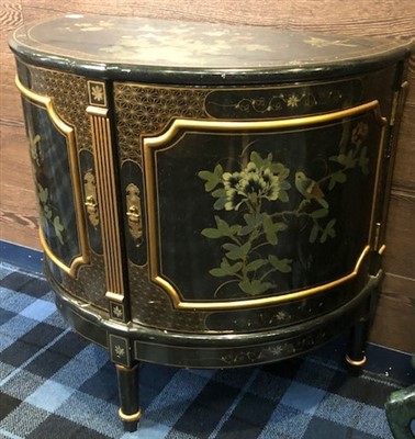 Lot 229 - A CHINESE BLACK LACQUERED DEMI-LUNE CONSOLE TABLE