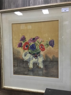 Lot 401 - A WATERCOLOUR, ELEPHANT AND FLOWERS