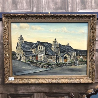 Lot 361 - AN OIL PAINTING OF A THATCHED COTTAGE