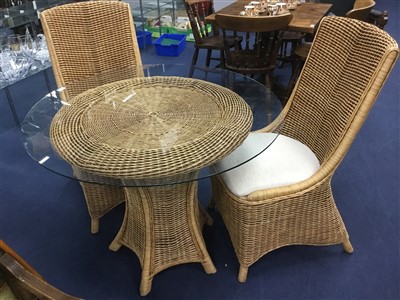 Lot 410 - A CONTEMPORARY RATTAN TABLE AND TWO CHAIRS