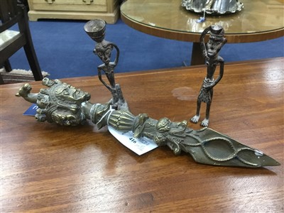 Lot 416 - A 20TH CENTURY BRONZED METAL SCEPTRE, BOWLS AND FIGURES