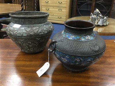 Lot 418 - A 20TH CENTURY CHINESE BRONZE AND ENAMEL VASE AND A PLANTER