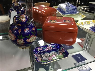 Lot 442 - A CHINESE CLOISONNE GINGER JAR AND COVER ALONG WITH A TRAY AND BOX