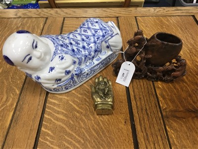 Lot 443 - A CHINESE SOAPSTONE BRUSH WASHER ALONG WITH A BUDDHA HAND AND CERAMIC PILLOW
