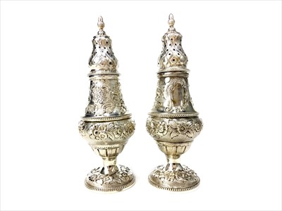 Lot 838 - A PAIR OF EDWARDIAN SILVER SUGAR CASTERS