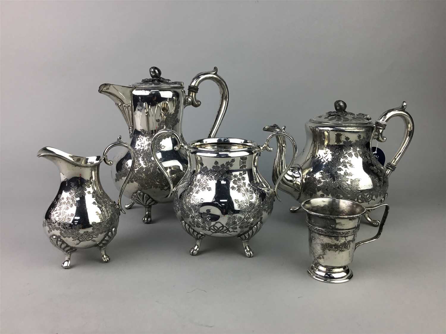 Lot 21 - A SILVER PLATED TEA SERVICE AND A SILVER PLATED CHRISTENING MUG