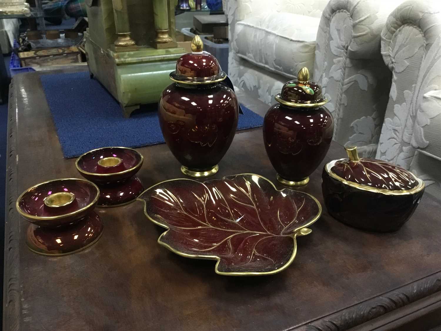Lot 8 - TWO CARLTON WARE LIDDED VASES, A JAR, TWO CANDLESTICKS AND TWO DISHES