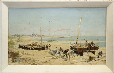 Lot 545 - COASTAL SCENE WITH BEACHED BOATS, AN OIL BY ALEXANDER YOUNG