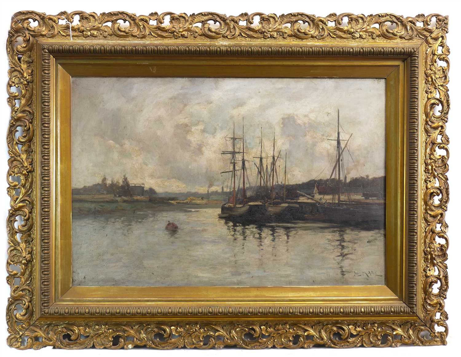 Lot 66 - BOATS IN LEITH HARBOUR, AN OIL BY JOSEPH MILNE