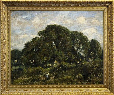 Lot 556 - FIGURES IN A WOOD, AN OIL BY DAVID MUIRHEAD