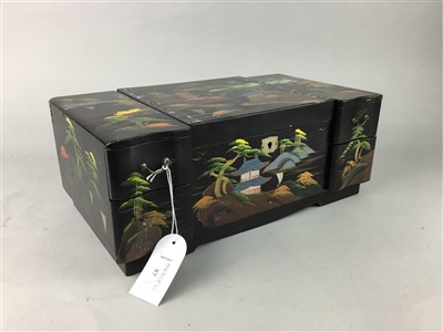 Lot 57 - A LACQUERED AND PAINTED JEWELLERY BOX AND TWO OTHER BOXES