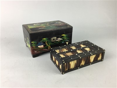 Lot 57 - A LACQUERED AND PAINTED JEWELLERY BOX AND TWO OTHER BOXES