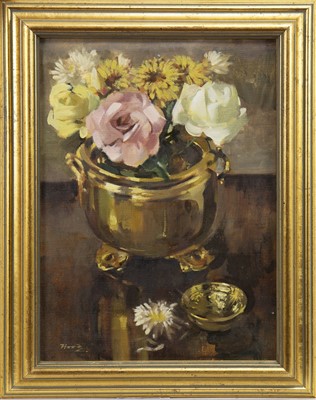 Lot 665 - ROSES AND CHRYSANTHEMUMS, AN OIL BY ERNEST HOOD