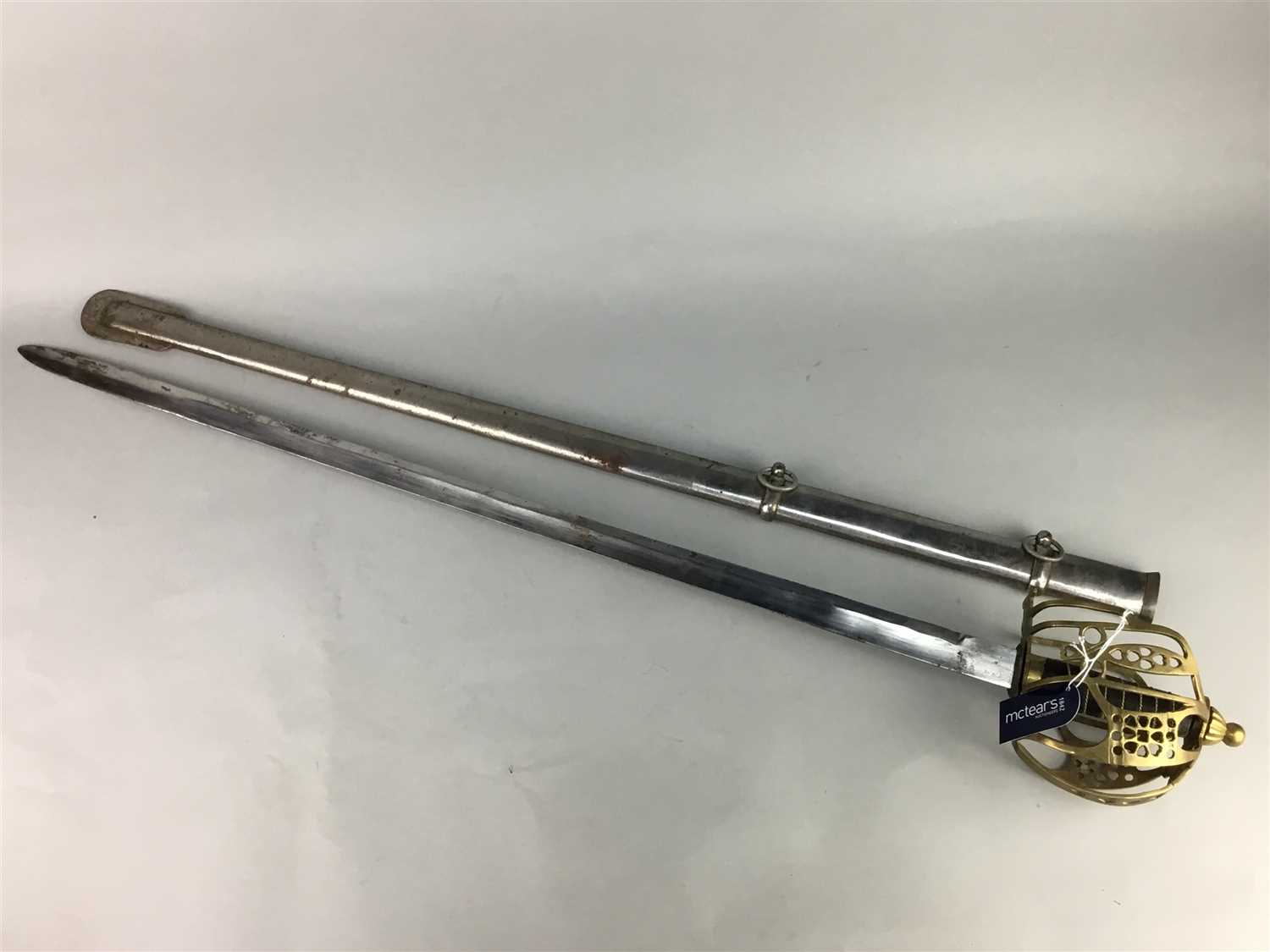 Lot 105 - A REPRODUCTION BASKET HILT SWORD ALONG WITH A JAPANESE KATANA