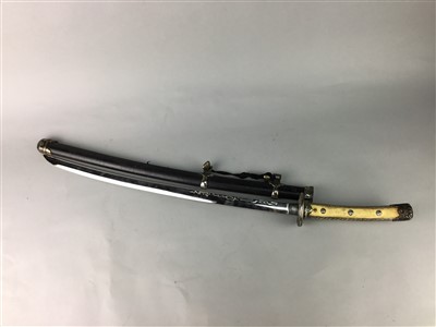 Lot 105 - A REPRODUCTION BASKET HILT SWORD ALONG WITH A JAPANESE KATANA