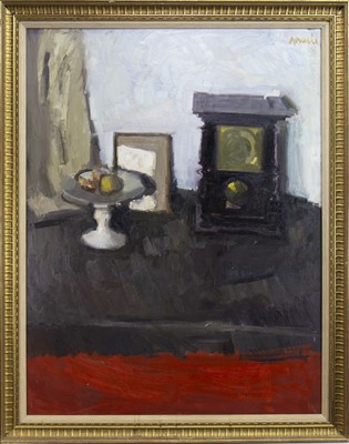 Lot 59 - FRUIT AND CLOCK STILL LIFE, AN OIL BY ALEXANDER GOUDIE