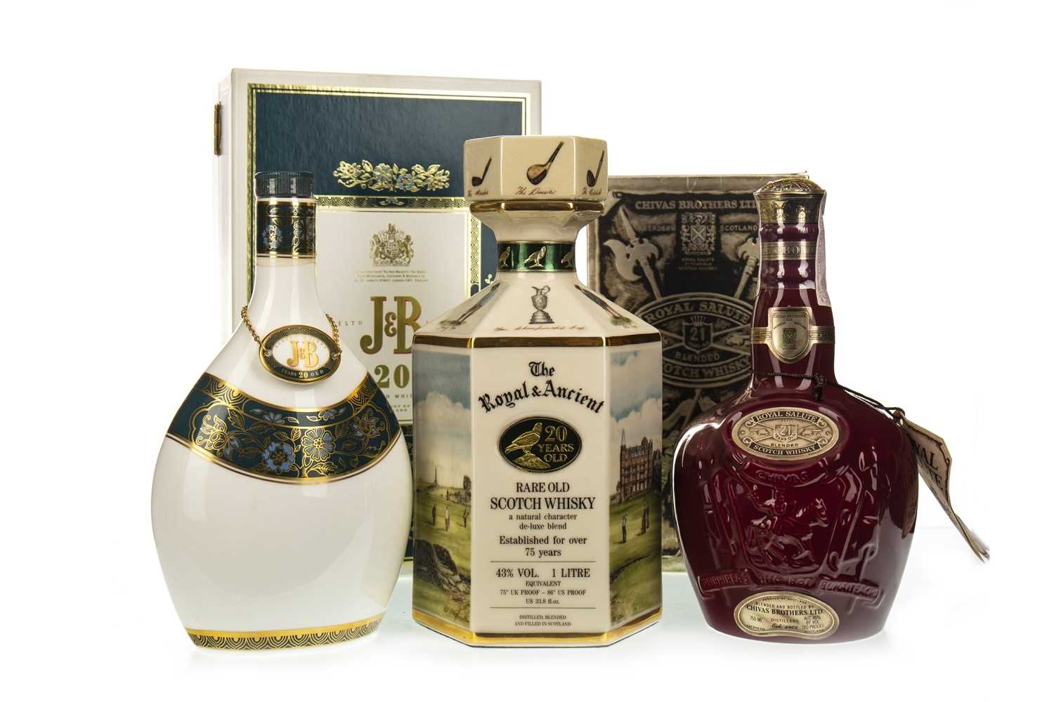 Lot 1058 - CHIVAS REGAL ROYAL SALUTE RUBY DECANTER, ROYAL & ANCIENT 20 YEARS OLD, AND J&B 20 YEARS OLD
