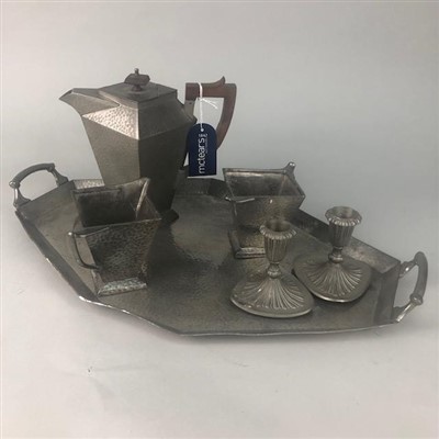 Lot 113 - A PEWTER TEA SERVICE AND A PAIR OF CANDLESTICKS