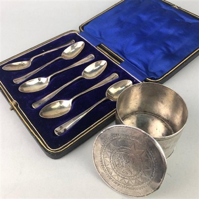 Lot 197 - A SET OF SIX SILVER COFFEE SPOONS AND A WHITE METAL LIDDED JAR