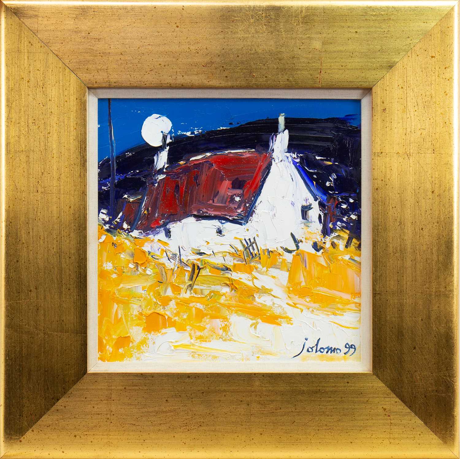 Lot 538 - MOON AND RED ROOF ARDNAMURCHAN, AN OIL BY JOLOMO