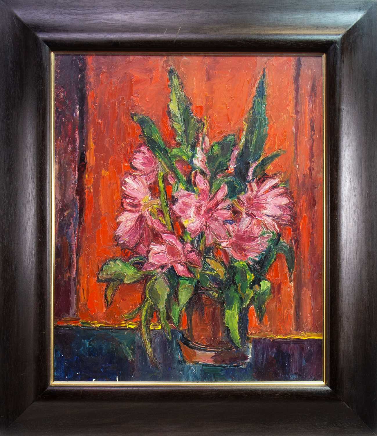 Lot 549 - POT OF FLOWERS, AN OIL BY HILDA GOLDWAG