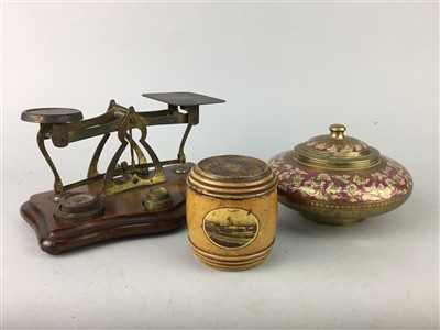 Lot 282 - A MAUCHLINE WARE MONEY BOX, SCALES AND OTHER ITEMS