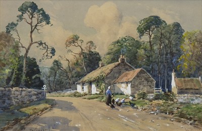 Lot 410 - HENS FEEDING BY A COTTAGE, A WATERCOLOUR BY TOM CAMPBELL