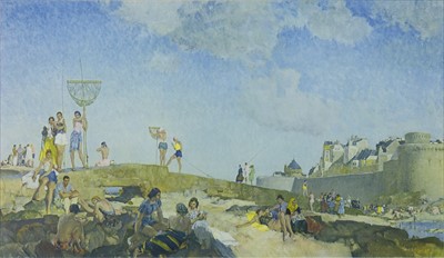 Lot 412 - WOMEN ON A CROWDED BEACH, A COLOUR PRINT BY WILLIAM RUSSELL FLINT