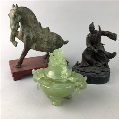 Lot 227 - A REPRODUCTION CHINESE TANG STYLE HORSE, A HARDSTONE VESSEL AND A FIGURE OF A WARRIOR