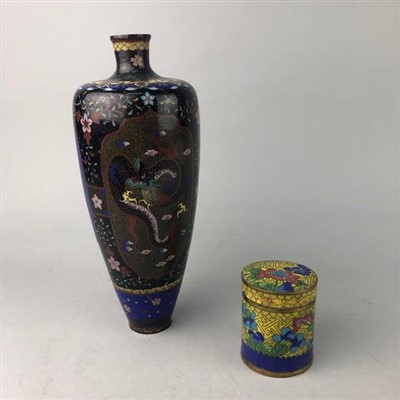 Lot 292 - A CHINESE CLOISONNE ENAMEL VASE, BOX AND A FIGURE OF A GIRL