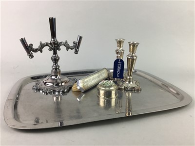 Lot 297 - A LOT OF SILVER PLATED WARE AND TWO SILVER CANDLESTICKS