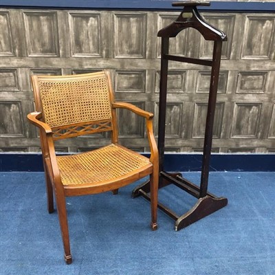 Lot 302 - A CANED BACK OPEN ELBOW CHAIR AND A TROUSER STAND