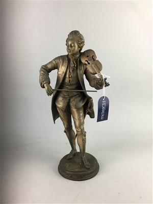Lot 313 - A 19TH CENTURY SPELTER FIGURE OF A VIOLINIST, VANITY SETS AND A CLOCK