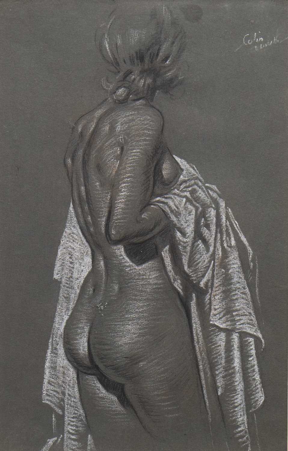 Lot 423 - WOMAN WITH WHITE CLOTH, A CHARCOAL BY COLIN GIBSON