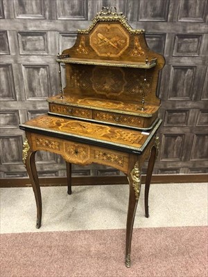 Lot 1612 - AN ATTRACTIVE VICTORIAN ROSEWOOD, WALNUT, MARQUETRY AND GILTMETAL BONHEUR DU JOUR