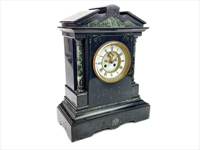 Lot 1126 - A VICTORIAN BLACK SLATE AND VERT MARBLE MANTEL CLOCK