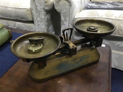 Lot 393 - A SET OF VINTAGE POSTAL SCALES, A PEWTER QUAICH AND A WALKING STICK