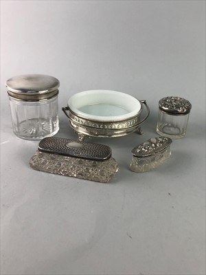 Lot 27 - A LOT OF FOUR SILVER TOPPED DRESSING TABLE JARS ALONG WITH SILVER PLATED WARES