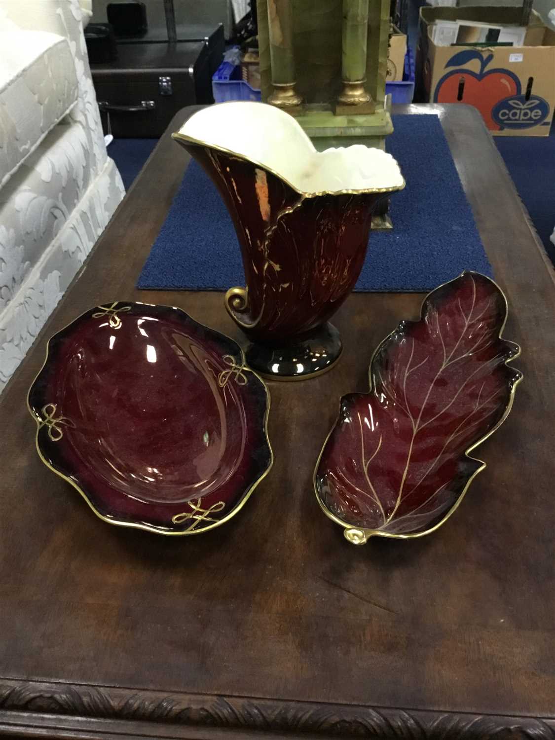 Lot 246 - A CARLTON WARE VASE, FOUR COMPORTS AND A PAIR OF LEAF SHAPED DISHES