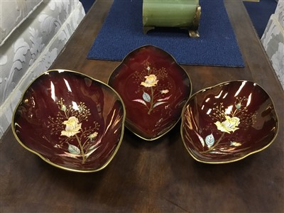 Lot 246 - A CARLTON WARE VASE, FOUR COMPORTS AND A PAIR OF LEAF SHAPED DISHES