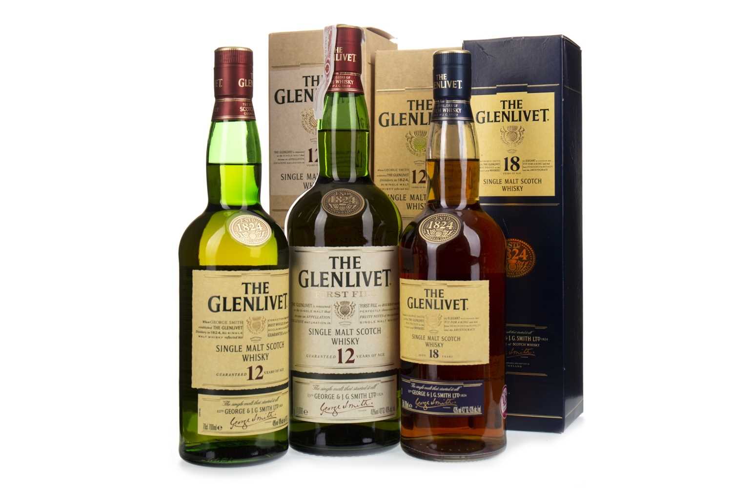 Lot 1328 - TWO BOTTLES OF GLENLIVET 12 YEARS OLD AND ONE 18 YEARS OLD