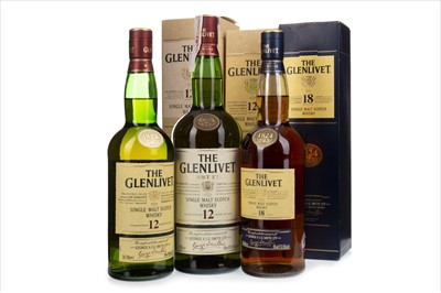 Lot 1328 - TWO BOTTLES OF GLENLIVET 12 YEARS OLD AND ONE 18 YEARS OLD